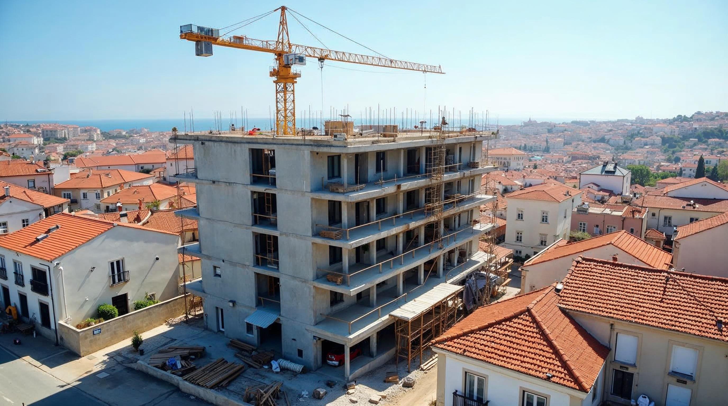 Obra de construção civil em Portugal com grua e edifício em fase de estrutura